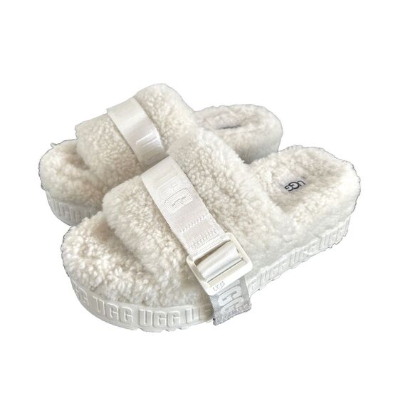 UGG FLUFFITA SLIDE Woman's White Shearling Platform Sandals Shoe Slipper Size 5 - Picture 1 of 9